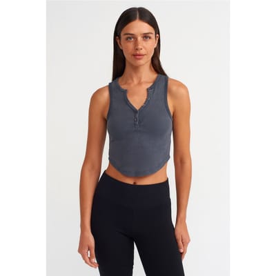 Dames Geribde Crop Blouse Met Knopen