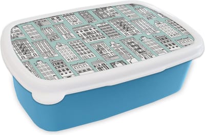 Broodtrommel Blauw - Lunchbox - Brooddoos - Patronen - Huizen - Scandinavisch - 18x12x6 cm - Kinderen - Jongen