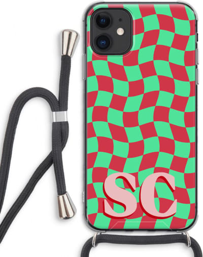 Gepersonaliseerd - Case Company® - Hoesje met koord geschikt voor iPhone 11 hoesje met Koord - Grid Monogram - Telefoonhoesje met Zwart Koord - Extra Bescherming aan alle Kanten en Over de Schermrand