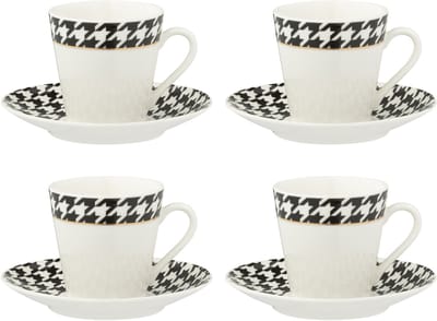 J-Line koffietas + bord Pied-Poule - porselein - wit - doos van 4
