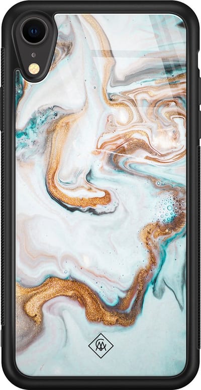 Casimoda® hoesje - Geschikt voor iPhone XR - Goud Blauw Marmer - Luxe Hard Case Zwart - Backcover telefoonhoesje - Blauw