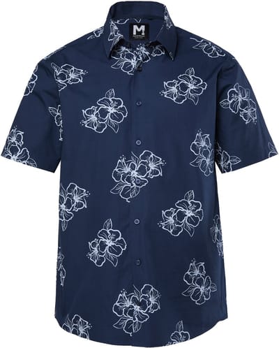 Men Plus - Heren - overhemd korte mouw bloemmotief kentkraag comfort fit tot 8XL - Navy blauw - Maat L
