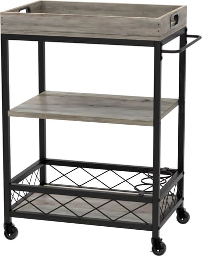 Keuken serveerwagen - Voor keuken en eetruimte - 3-laags opslag & serveerfunctie - Hout en metaal, industriële vintage stijl - Grijs