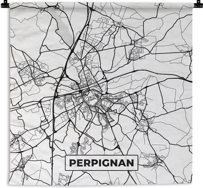 Wandkleed - Wanddoek - Frankrijk - Plattegrond - Perpignan - Stadskaart - Kaart - Zwart wit - 180x180 cm - Wandtapijt
