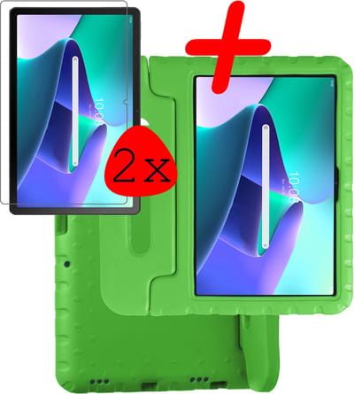 Hoesje Geschikt voor Lenovo Tab M10 Plus (3e / 3rd Generatie) - Met 2x Screenprotector - Kinderhoes Shockproof Bumper - Kidsproof Case - Tablet Hoes - Kinder Hoes Cover - Groen