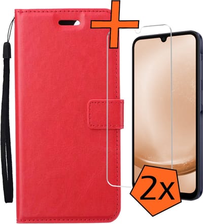 Hoes - Met 2x Screenprotector - Geschikt voor Samsung Galaxy A25 - Luxe Pasjeshouder - Bookcase Portemonee - Flip Case - Kunstleer Book Case - Flipcase Hoes - Book Cover - Walletcase - PortemonneeHoes - Rood