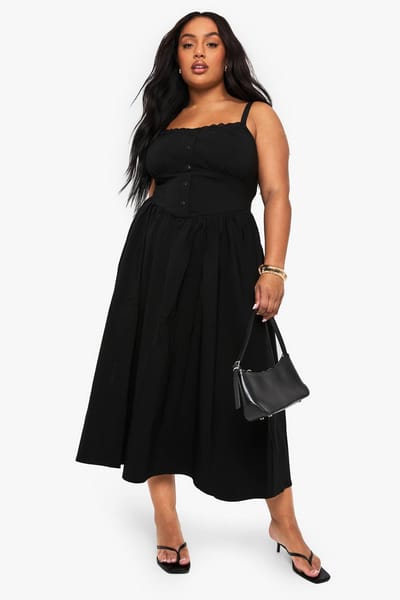 boohoo Dames Plus Bengaline midaxi skaterjurk met kanten afwerking | Zwart | Maat: 46
