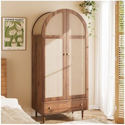 Merax Hoge kast met deuren en lade - 79 x 50 x 175 cm - met kapstok + opbergruimte - MDF - naturel