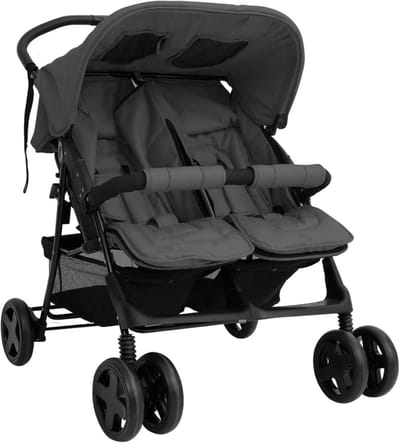 Opvouwbare Dubbele Kinderwagen - Robuuste Stalen Tweelingwagen Donkergrijs