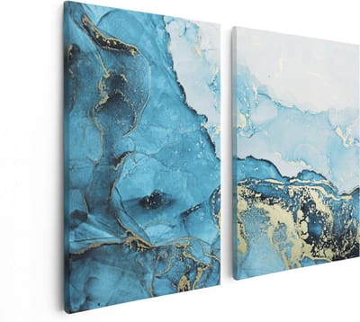 Artaza Canvas Schilderij Tweeluik Abstracte Kunst van Blauwe Marmer met Goud - 80x60 - Foto Op Canvas - Canvas Print
