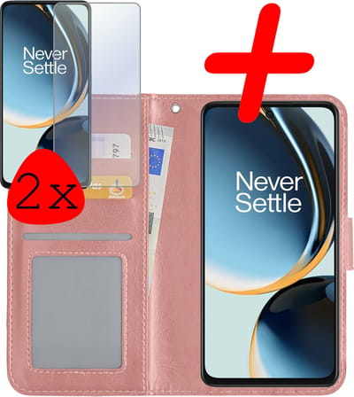 Hoesje Met 2x Screenprotector - Geschikt voor OnePlus Nord CE 3 Lite - Luxe Pasjeshouder - Bookcase Portemonee - Flip Case - Kunstleer Book Case - Flipcase Hoes - Book Cover - Walletcase - Portemonneehoes - Rosé goud
