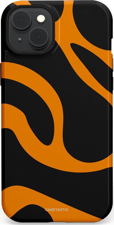 Casetastic hoesje geschikt voor Apple iPhone 15 Plus - MagSafe - Dubbellaagse bescherming - Katachtige Oranje Tijger Strepen - Fashion Case - Zwart Oranje