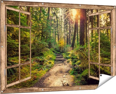 Gards Tuinposter Doorkijk Voetpad in het Bos - 150x100 cm - Tuindoek - Tuindecoratie - Wanddecoratie buiten - Tuinschilderij