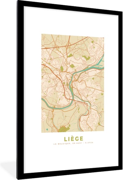 Fotolijst incl. Poster - Kaart - Stadskaart - Vintage - Luik - Plattegrond - 80x120 cm - Posterlijst