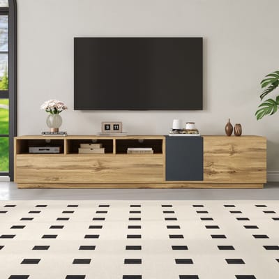 REDOM - TV-Meubel - Open Vakken En Deuren - Modern - Voor Woonkamer - Spaanplaat - Zwart Grijs En Natuurkleur - 200 X 45 X 45 Cm