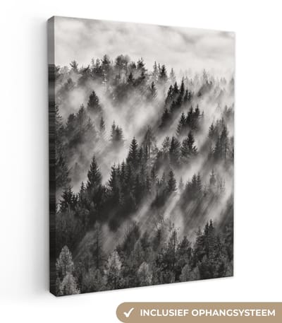 Canvas schilderij 30x40 cm - Wanddecoratie Landschap - Mist - Bos - Natuur - Muurdecoratie woonkamer - Slaapkamer decoratie - Kamer accessoires - Schilderijen op canvas