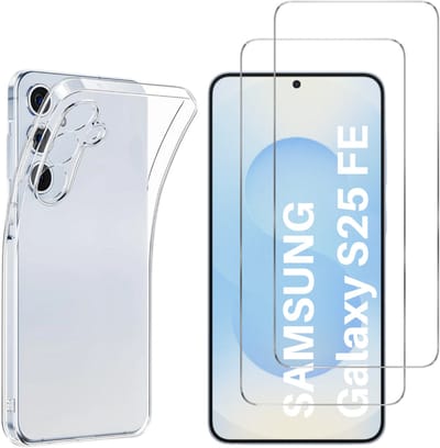 Hoesje Ultraslank geschikt voor Galaxy s25 FE backcover siliconen Transparant en 2 stuks ScreenProtector Gehard Glas