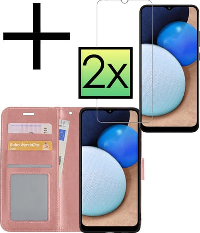 Hoesje - Met 2x Screenprotector - Geschikt voor Samsung Galaxy A02s - Luxe Pasjeshouder - Bookcase Portemonee - Flip Case - Kunstleer Book Case - Flipcase Hoes - Book Cover - Walletcase - Portemonneehoes - Rosé goud