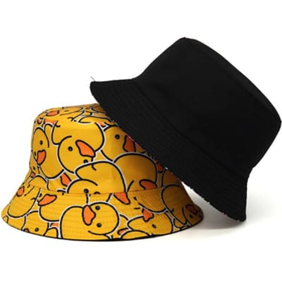 Unisex Kleine Gele Eend Bedrukt Beide Zijden Persoonlijkheid Emmerhoeden Visserspetten Buiten Casual Pet Zonnebrandcrème Hoed black