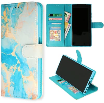 Casemania Hoesje met Print Geschikt voor Apple iPhone 16e - Marmer Aqua - Portemonnee Book Case