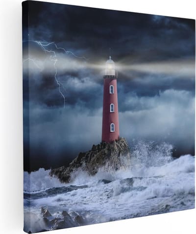 Artaza Canvas Schilderij Zee - 30x30 cm - Klein - Wanddecoratie Vuurtoren - Muurdecoratie Onweer - Schilderijen Op Canvas