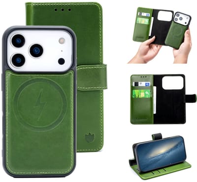 Casemania 2-in-1 Bookcase voor iPhone 17 Pro – Echt Leren - Groen