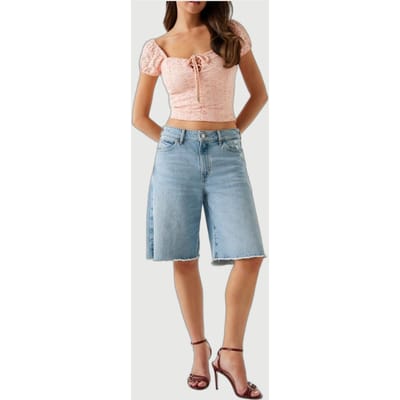 GUESS  Eco Eliane Ss Puffed Top Peach Creme Multi Size: XS | Blouses Outlet | Dames | Oranje