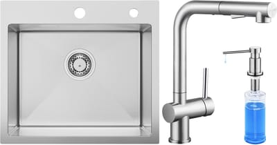 SOFETIY MAX spoelbakken 50 x 45 cm - Spoelbak Keuken Met Keukenkraan met Uittrekbare Uitloop en Zeepdispenser 300ML - 1 Bak Keukenwasbak voor Inbouw of Bovenmontage