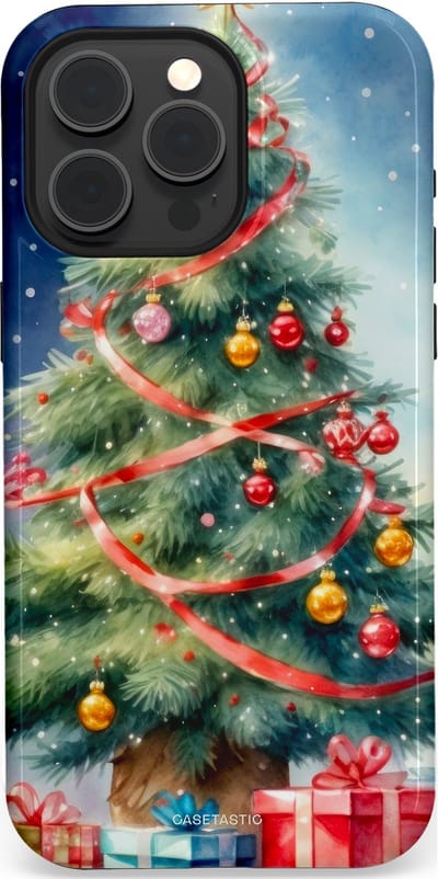 Casetastic hoesje geschikt voor Apple iPhone 15 Pro Max - MagSafe - Dubbellaagse bescherming - Aquarel Kerstboom Cadeau - Fashion Case - Grijs Donkerblauw Saliegroen Beige