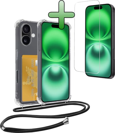 Hoes Geschikt voor iPhone 16 Hoesje Pas Houder Shock Proof Case Hoes Met Koord Met Screenprotector - Hoesje Geschikt voor iPhone 16 Hoes Met Telefoonkoord Pasjeshouder Cover - Transparant