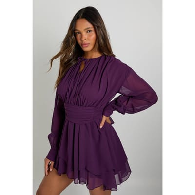 boohoo Dames Chiffon lange mouw skaterjurk | Pruim | Maat: 42