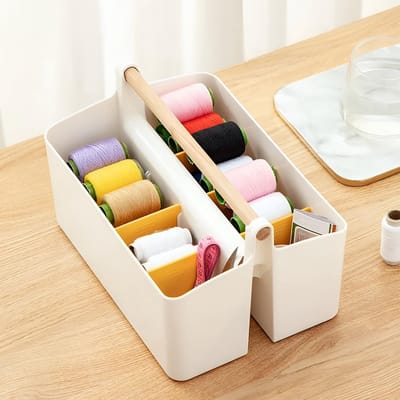 Set van 4 stapelbare organizer doos caddy met handgreep, opbergmanden met 8 vakken verwijderbare verdelers draagbox voor keuken, kunsthandwerk, kinderkamer, badkamer, wit en oranje