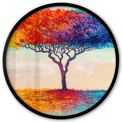 Poster in lijst Rond - Fotolijst 40x40 cm - Posters - Schilderijen - Olieverf - Boom - Regenboog - Ronde posterlijst zwart - Decoratie - Wanddecoratie woonkamer - Muurdecoratie slaapkamer