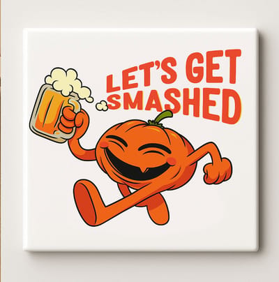 “Let’s Get Smashed” Pompoen Tegel – Grappige Halloween Bierdecoratie | 15×15 cm Keramische Wandtegel