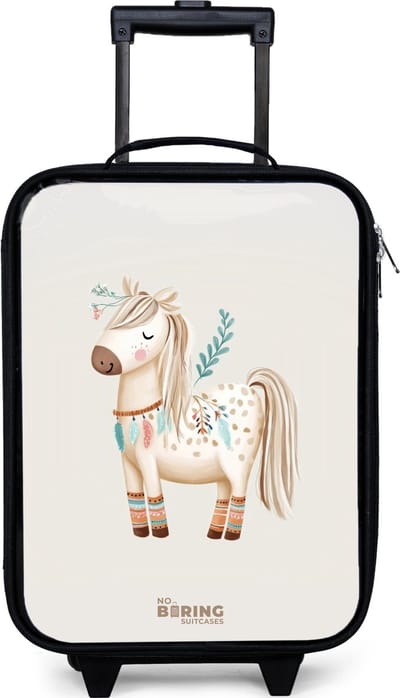 NoBoringSuitcases.com® - Kinderkoffer jongen - Kindertrolley meisje - Bohemian paard in beige tinten - Koffer kind lichtgewicht - Reiskoffer trolley voor kinderen - Koffertje met lichtgevende wieltjes - Rolkoffer zwart