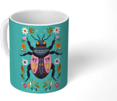 Mok - Koffiemok - Kever - Bloemmotieven - Turquoise - Bladeren - Mokken - 350 ML - Beker - Koffiemokken - Theemok