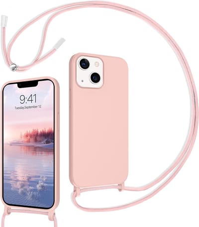 Casemania Hoesje Geschikt voor Apple iPhone 14 Plus - Roze - Siliconen Back Cover met Koord - Telefoonhoesje met Koord - Crossbody Lanyard Cord Case