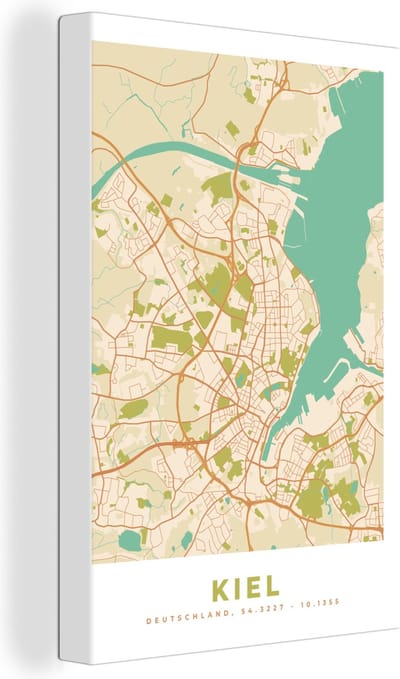 Canvas Schilderij Plattegrond - Kiel - Kaart - Stadskaart - Vintage - 20x30 cm - Wanddecoratie