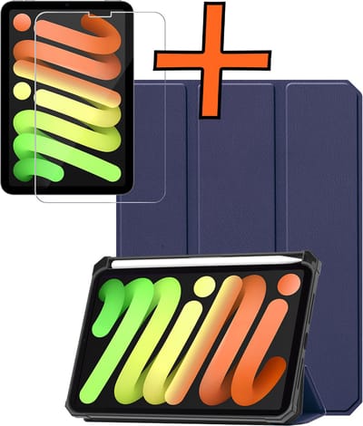 Hoesje - Geschikt voor Apple iPad Mini 7 (2024) - 8.3 inch - 7e Generatie - Met Screenprotector - Trifold Bookcase - Hard Cover Case - Met Uitsparing Geschikt voor Apple Pencil - Hardcover Book - Tablet Hoes - Donkerblauw
