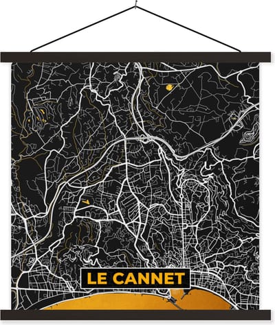 Posterhanger incl. Poster 60x60 cm - Schoolplaat - Plattegrond – Kaart – Stadskaart – Frankrijk – Le Cannet - Textielposter - Zwarte latten - Stadskaart