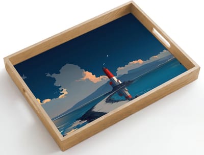Dienblad hout 50x35 cm - Schootdienblad - Vuurtoren - Zee - Wolken - Borrelplank rechthoek - Plateau dienbladen