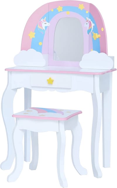 Houten Kaptafel voor Kinderen met Stoel - Roze en Regenboog Design