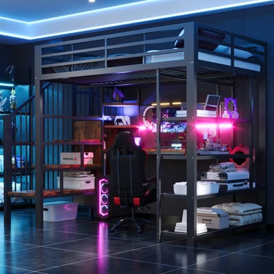 Hoogslaper 140x200 cm - Lang Bureau met Ophangpaneel - Stopcontact en LED-verlichting - Metaal - Zwart