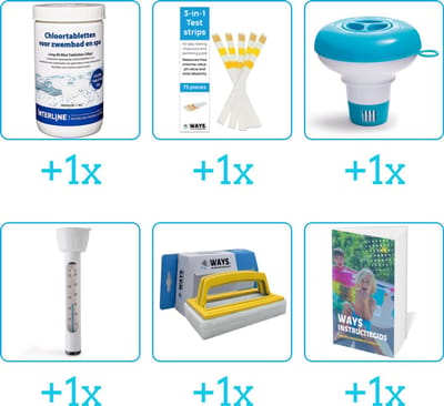 Zwembad Onderhoudspakket - Onderhoud Zwembad - bevat Chloor - Testrips - Chloordrijver - Thermometer - Scrubborstel en Zwembadgids (6-delig)