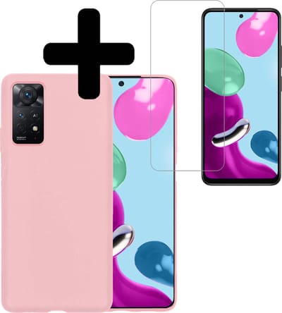 Hoesje - Met Screenprotector - Geschikt voor Xiaomi Redmi Note 11 - Sterk & Shockproof - Back Cover - Siliconen Case - Telefoon Hoes - Telefoonhoesjes - Lichtroze
