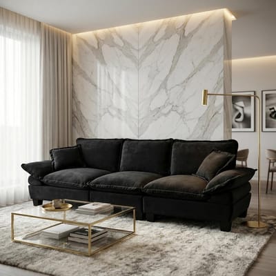 OKWISH 3-Zitsbank 263 Cm - Gebogen Armleuningen En Modulontwerp - Voor Appartement En Woonkamer - Chenille - Zwart