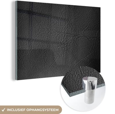 MuchoWow® Glasschilderij 60x40 cm - Schilderij acrylglas - Leer - Lederlook - Industrieel - Zwart - Foto op glas - Schilderijen