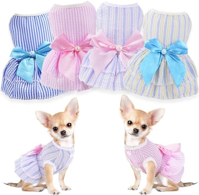 JeiibrZui Hondenjurken - Kleding Voor Kleine Honden - Schattige Streepjes & Strik Design - 4 Stuks - Voor Meisjeshonden En Puppy's