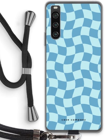 Case Company® - Hoesje met koord geschikt voor Sony Xperia 10 IV hoesje met Koord - Grid Blauw - Telefoonhoesje met Zwart Koord - Bescherming aan alle Kanten en Over de Schermrand