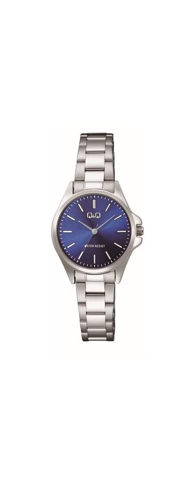 Q&Q C37A-004PY - Horloge - Analoog - Dames - Vrouwen - Stalen band - Rond - Metaal - Streepjes - Zilverkleurig - DonkerBlauw